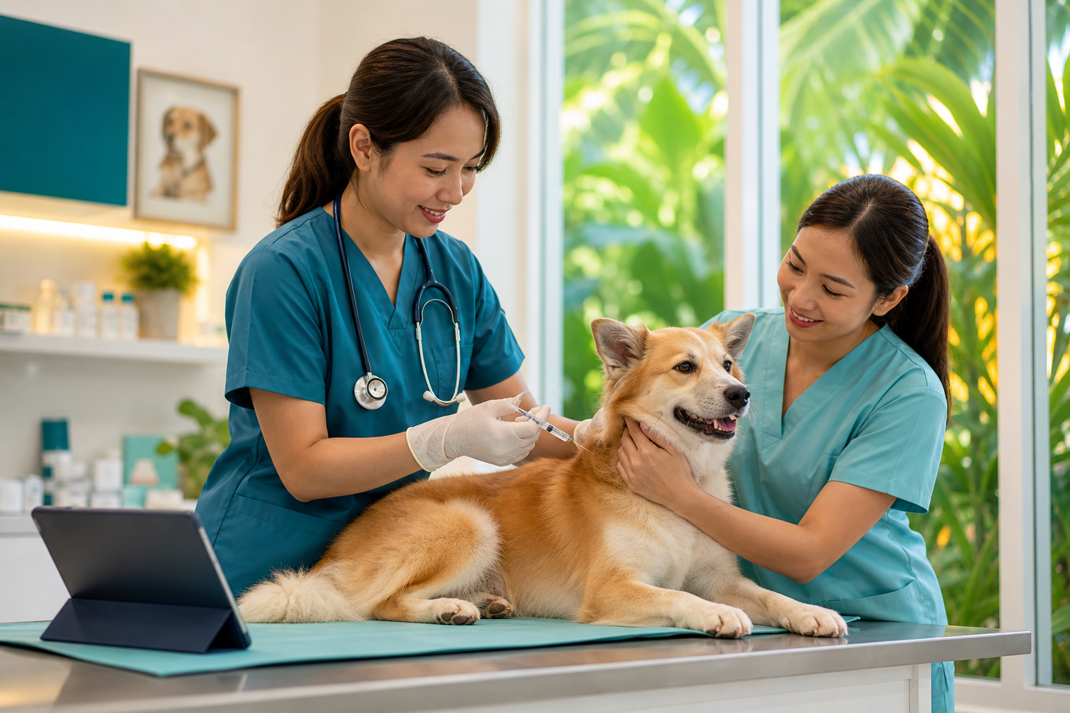 Veterinarian recording a vaccination