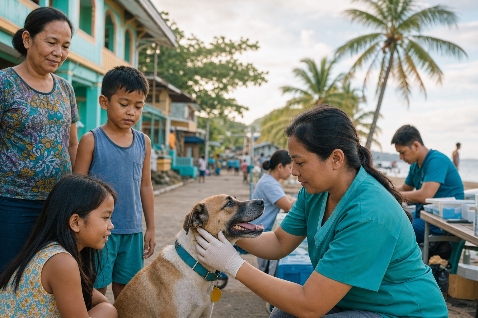 Community health worker with a vaccinated dog in a Philippine coastal town